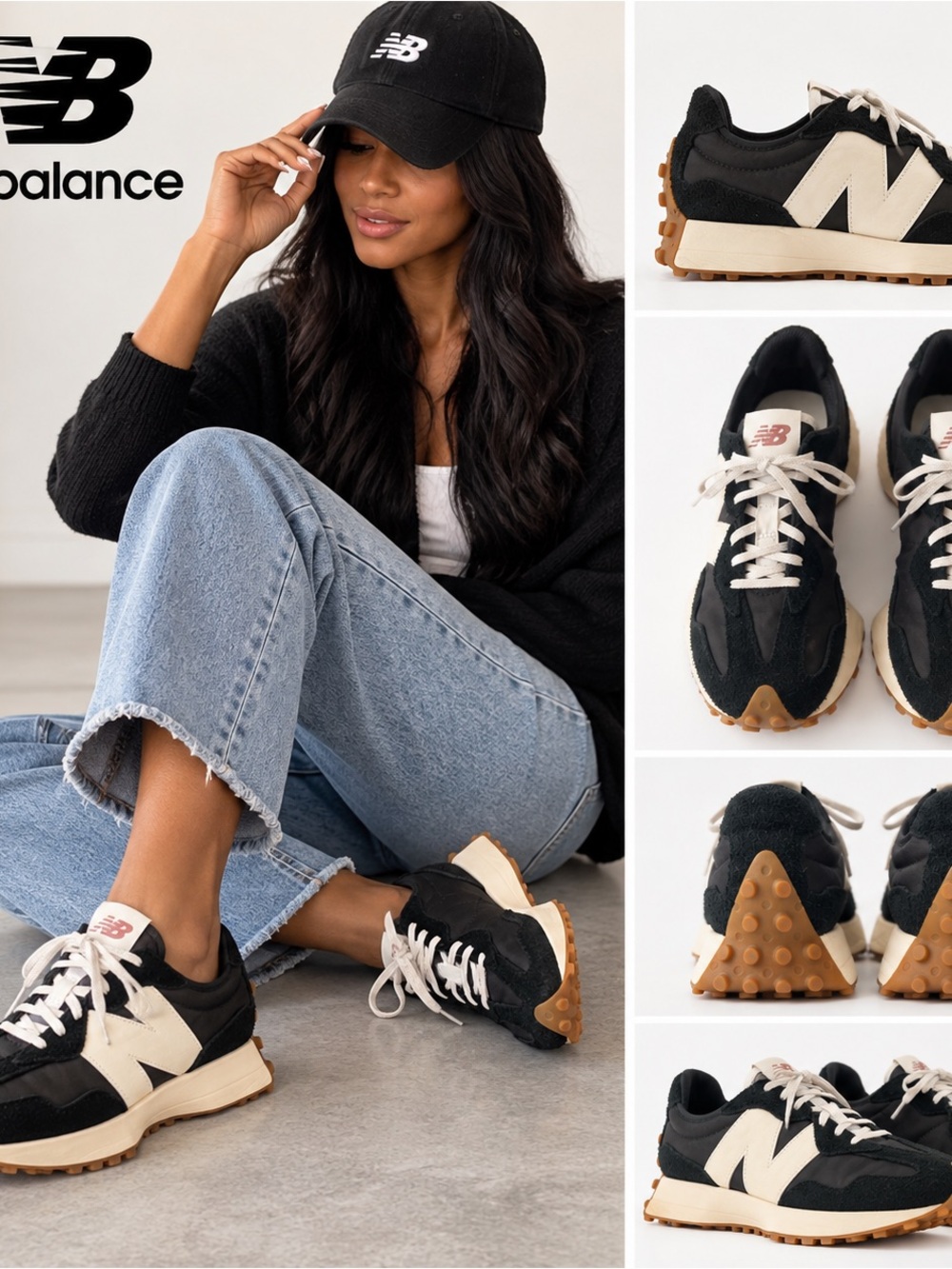 New Balance Women’s Black and White Lace-Up Sneakers with Gum Sole Size 9